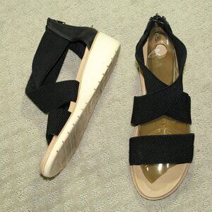 Mia Chelsia Women's 10 Black Elastic Criss Cross Straps Zips Up 2" Wedge Heel